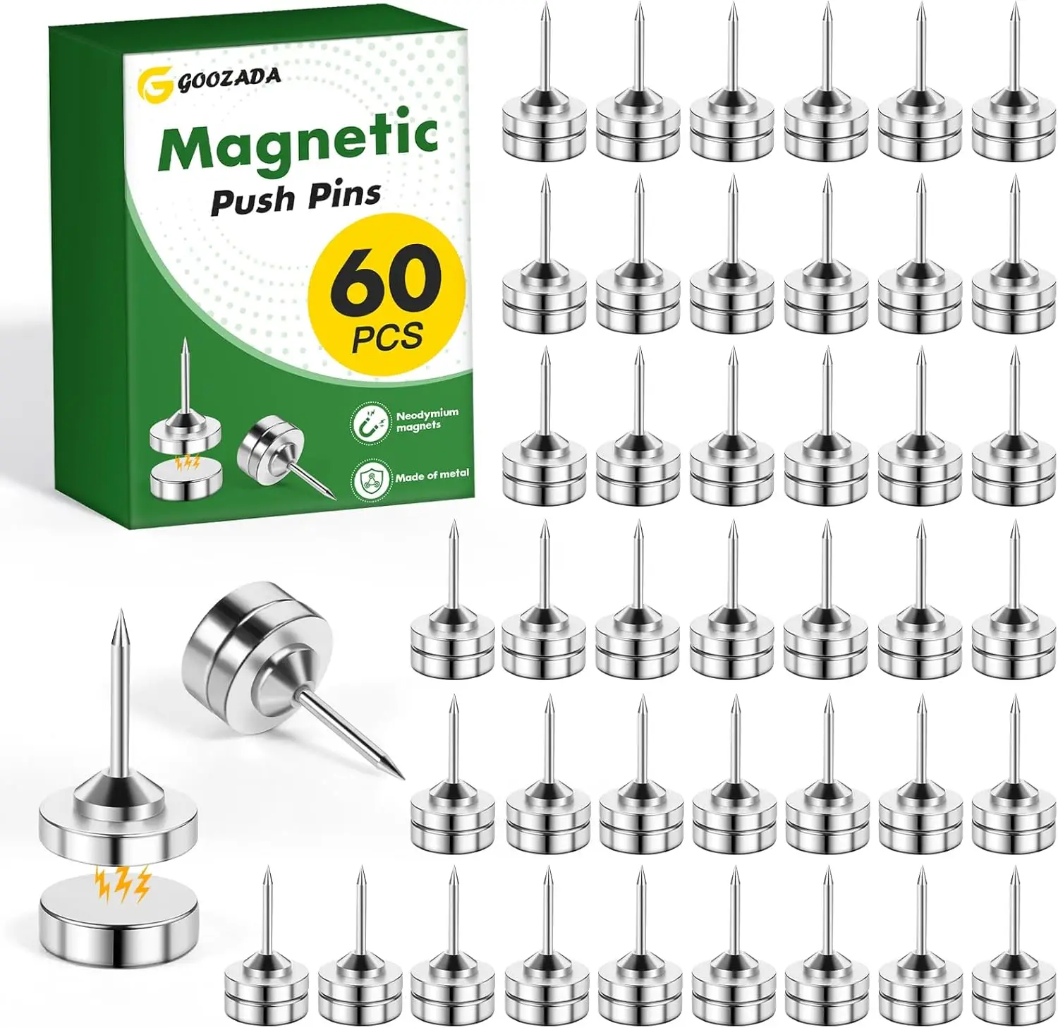 

60 Pack Magnetic Push Pins, Silver Thumb Tacks, Neodymium Magnets, for Cork Board, Bulletin Board, Photo Wall, Drywall, Office