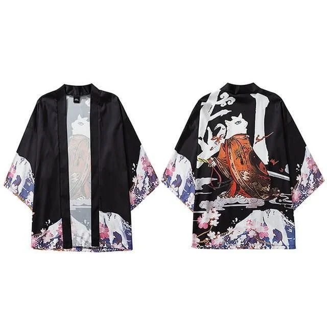 Men's Japanese‑Style Haori Kimono Open‑Front Cardigan, Samurai Cat & Skull Snake Ukiyo‑e Print Casual Outerwear