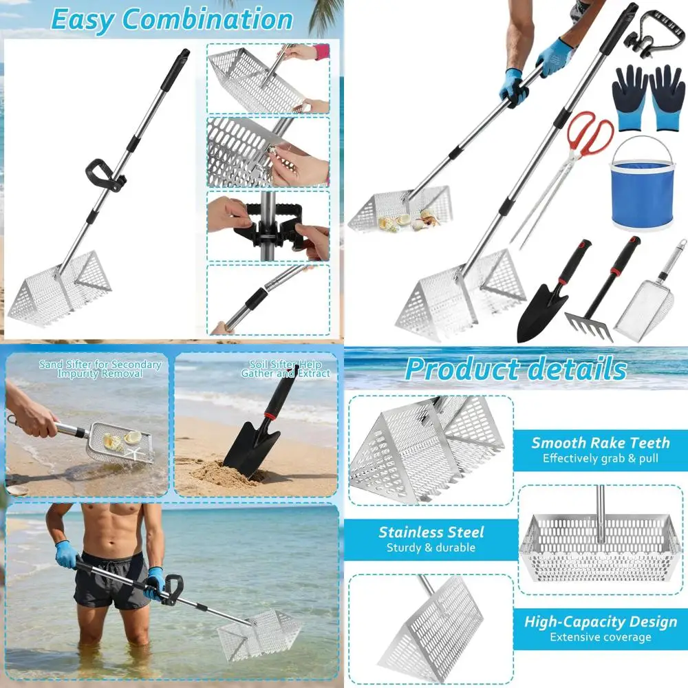 

Набор граблей с длинной ручкой из нержавеющей стали с сетчатой корзиной для сбора пляжного песка, ракушек и зубных отложений