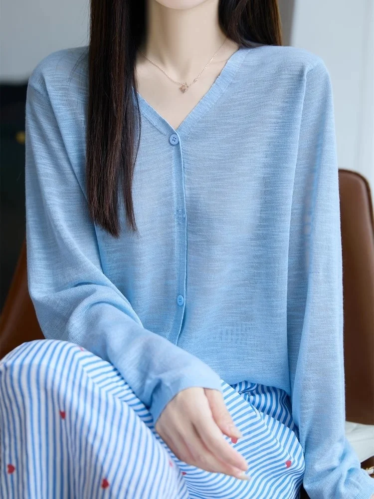 

Летний вязаный открытый кардиган Bamboo Ray V-Ne, женская верхняя одежда, чистый цвет, длинная основа Sve, тонкий кондиционер, солнце...