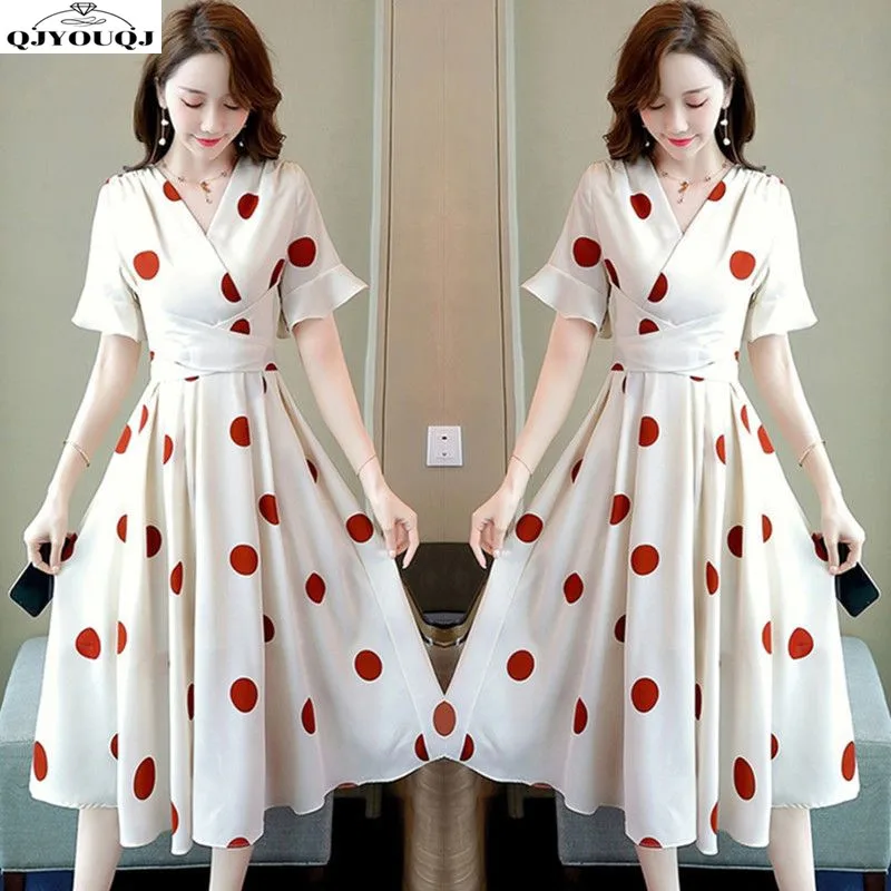 Gaun mode pelangsing edisi Korea, Dress cetakan Polka Dot sifon leher V, panjang setengah pinggang Musim Panas/Musim Semi