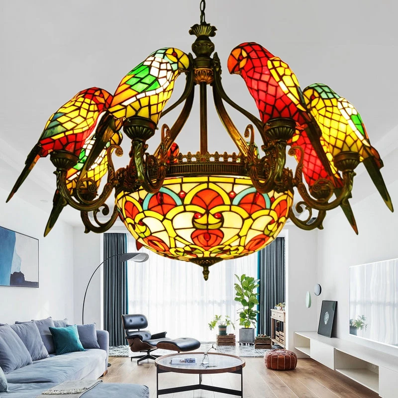 Color glass Parrot Art Chandelier living room personality corridor corridor Hotel Villa Hotel Restaurant lamp