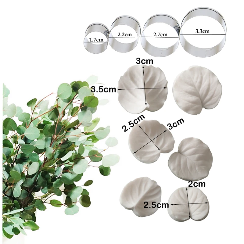 10pcs Eucalyptus Leaf Veiner Silicone Mold &Cutter DIY Handmade Fondant Flower Clay Gumpaste Mould Cake Decorating Tool Bakeware