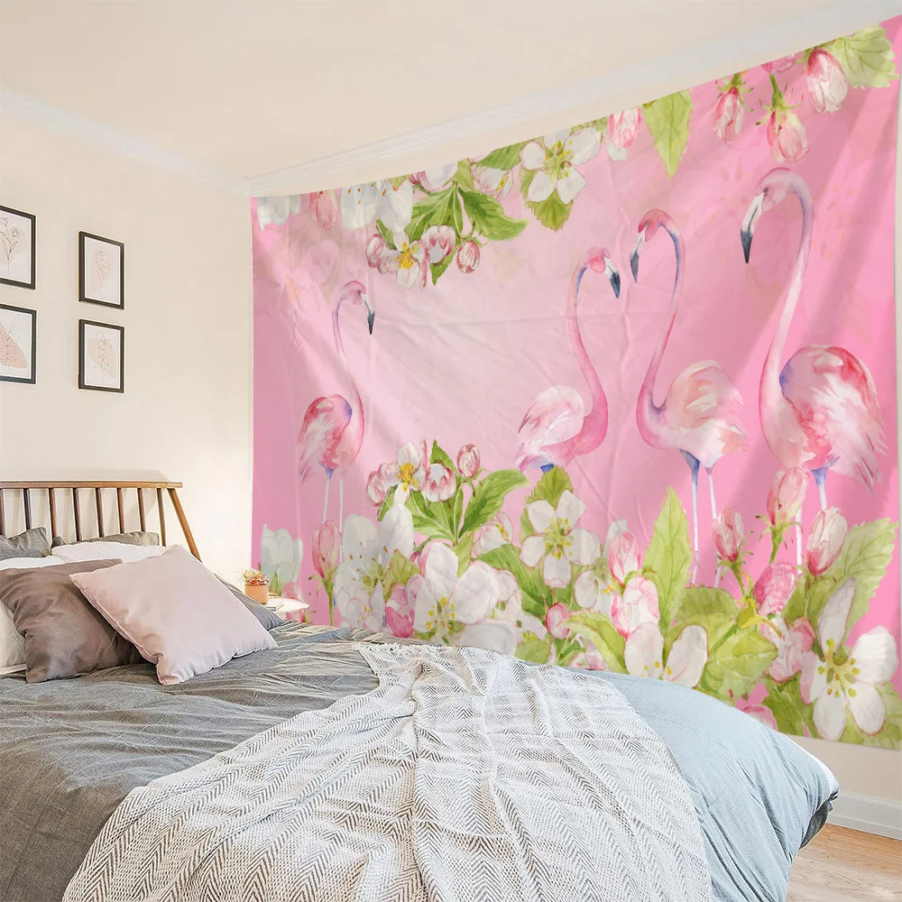 

Flamingo Tapestry Tropical Plants Palm Leaves Nordic Wall Hanging Cloth Bohemian Room Background Poster Cartoon Home Decoration