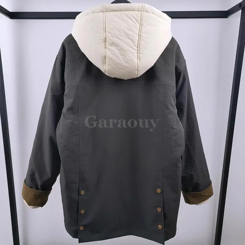 Garaouy 2024 Chic Women Loose Hooded Double Sided Wearable Thicken Jacket Female Vintage Zip Pocket Parka Coat Patchwork Outwear