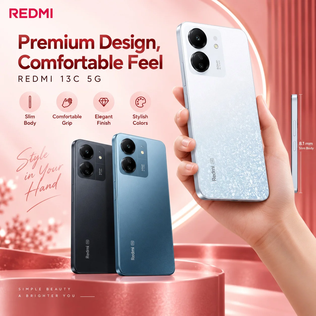 REDMI 13C 5G 8GB+256GB Dimensity 6100+ 6.74-inch 90Hz Display 50MP AI Camera 5000mAh Battery 18W Charge 1TB Expandable Storage