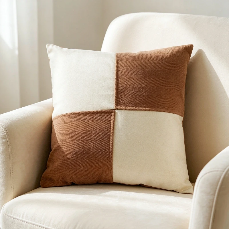 Square Pillow Cover Cozy Two Tone Patchwork Style Cushion Case Couch Seating Area Decoration Accent 45x45cm