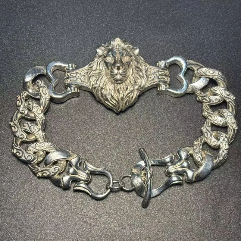 Tibetan Silver Inlaid Domineering Lion Bracelet To Attract Wealth Ward Off Evil Spirits Men Women Jewelry Couple Gift