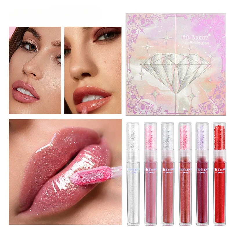 Juego de 6 piezas de brillo de labios de diamante, acabado brillante, aceite de labios hidratante, lujosa caja de regalo para mujer y novia, belleza
