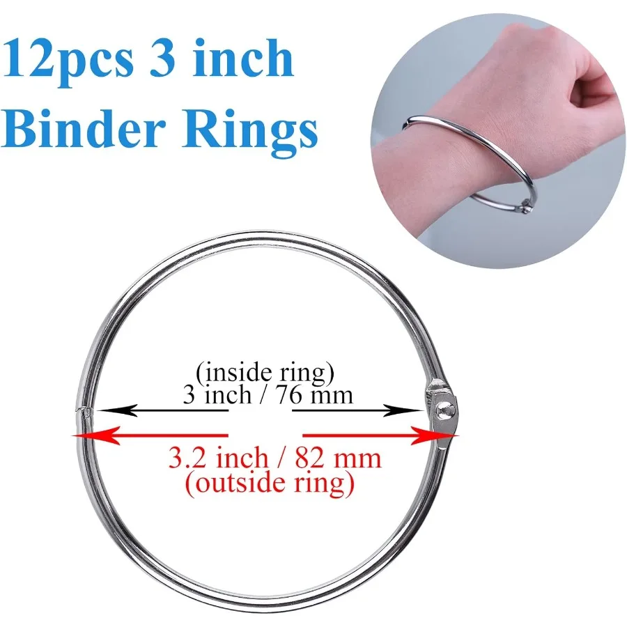3 Polegada 12 pacote anéis de pasta de folhas soltas para flashcards cartões de índice extra grande livro anéis de papel com metal niquelado aço f