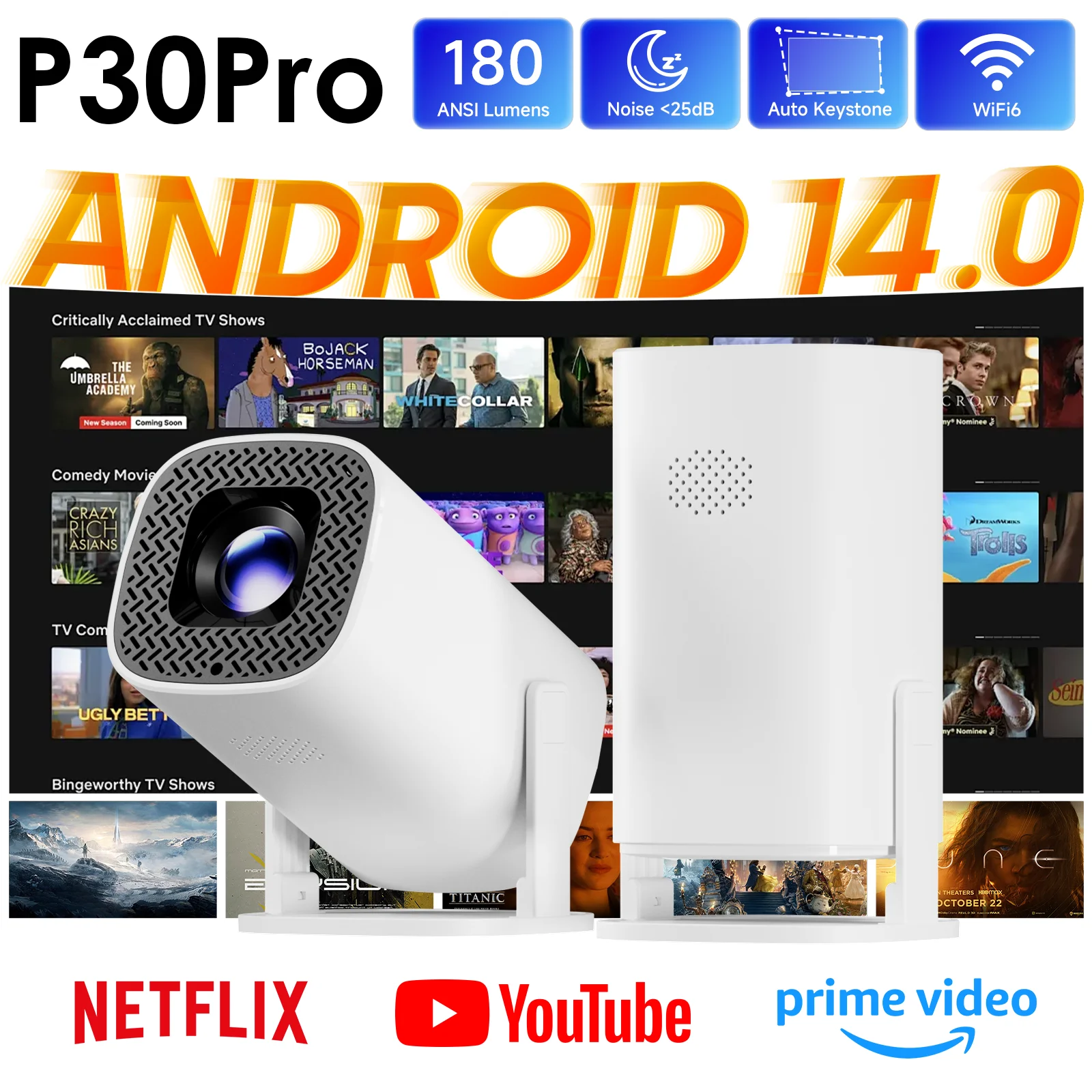 HONGTOP Android 14 Smart Mini Projector Supports 4K HD Video WiFi 6 BT5.0 Native 720p Home Theater Outdoor Portable Projector