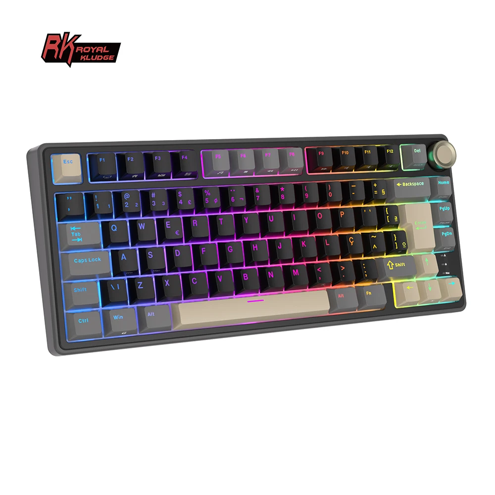 Teclado Mecânico RKR75 Royal Kludge Brasileiro 75% Gasket RGB Retroiluminado com Fio Hot Swap Gamer com Knob e Keycaps PBT