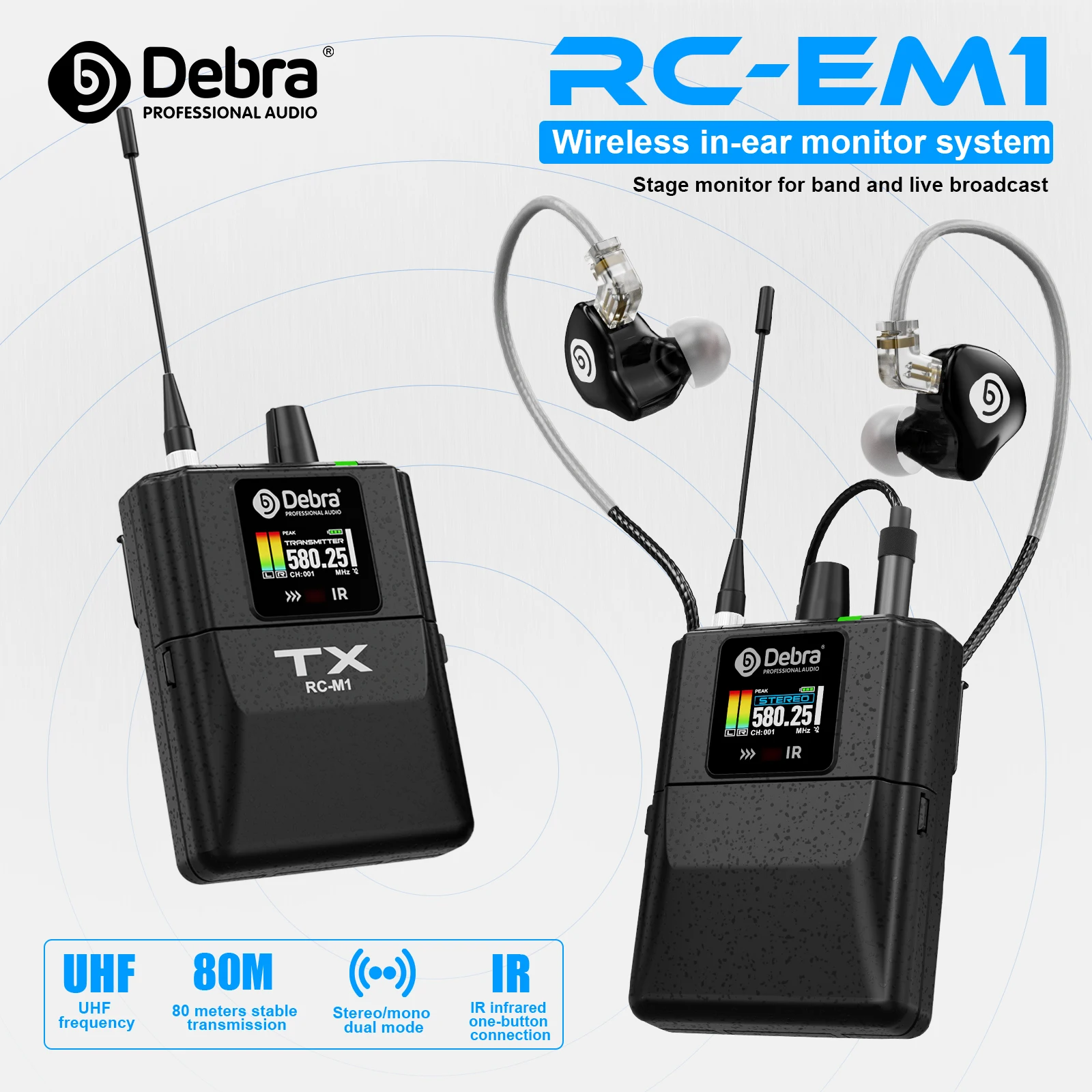 Debra New RC-EM1 UHF Stereo Wireless In-Ear Monitoring System, arbeitet im Frequenzbereich 565–590 MHz, entwickelt für Bands und Live-Übertragungen. – Detail 1