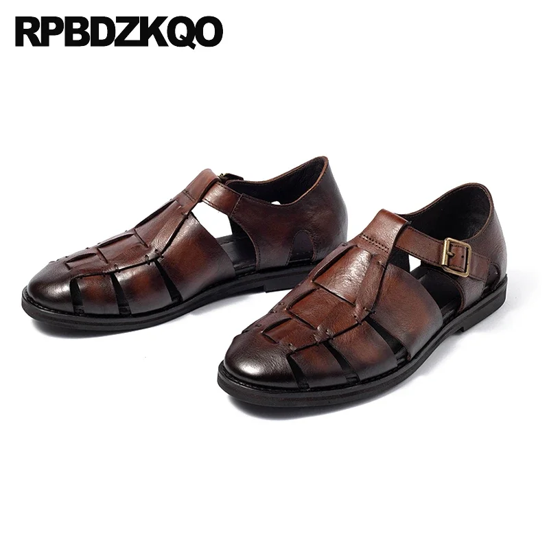 

Fisherman Vintage Genuine Leather Sandals Gladiator Full Grain Summer Brown Men Italian Shoes Holiday Roman Flats Closed Toe