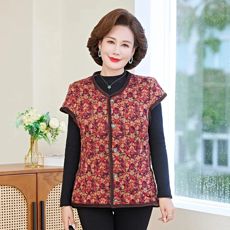 Elderly Female Quilted Warm Sleeveless Jacket Autumn Winter Middle Aged Mother Casual Print Fleece Waistcoat Women Vest Coat 4XL