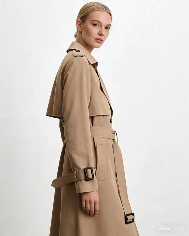 Damen-Trenchcoat mit Doppelreiher, lang, mit Gürtel, Reverskragen, Herbst-Winter, winddicht, klassische Oberbekleidung – Detail 5