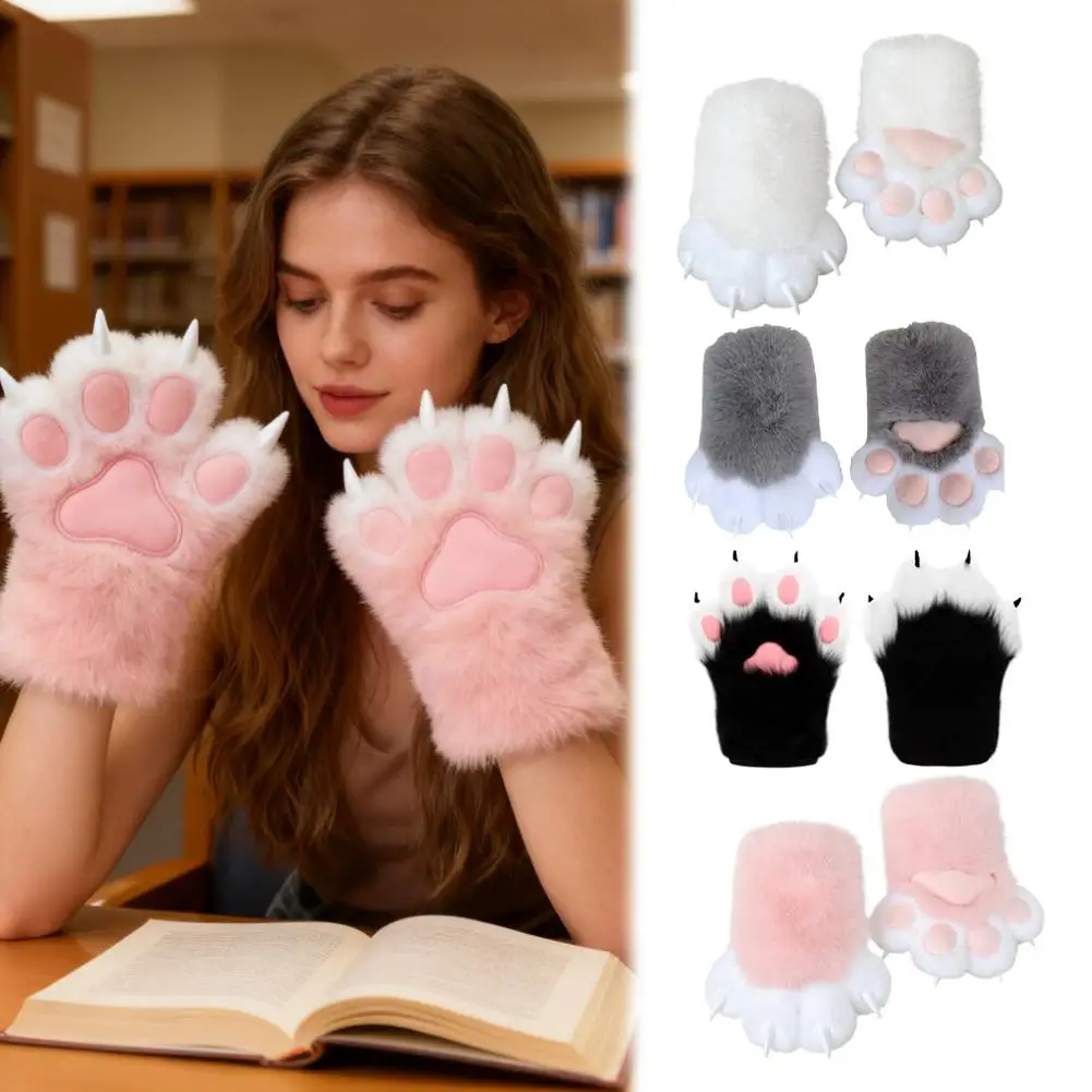 ถุงมือคอสเพลย์ขนปุยรูปอุ้งเท้าแมวสามสีสำหรับฤดูหนาว - ดีไซน์อุ้งเท้าสัตว์สำหรับสาวแมว พร้อมแผ่นเสียงบี๊บ อุปกรณ์เสริมสำหรับชุดแฟนซี