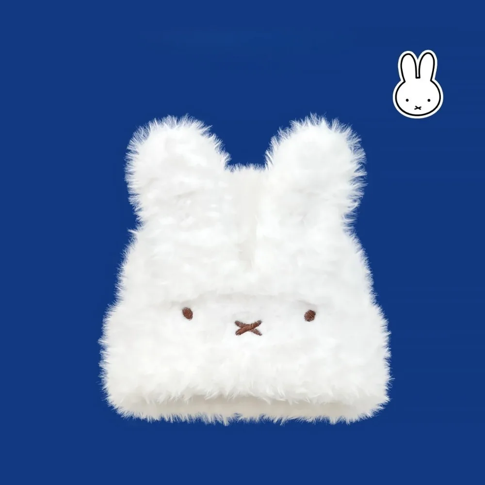 

Cute Miffy Plush Knitted Hat Furry Rabbit Ears Knitted Pullover Hat Autumn and Winter Warm Windproof Ear Protective Beanie