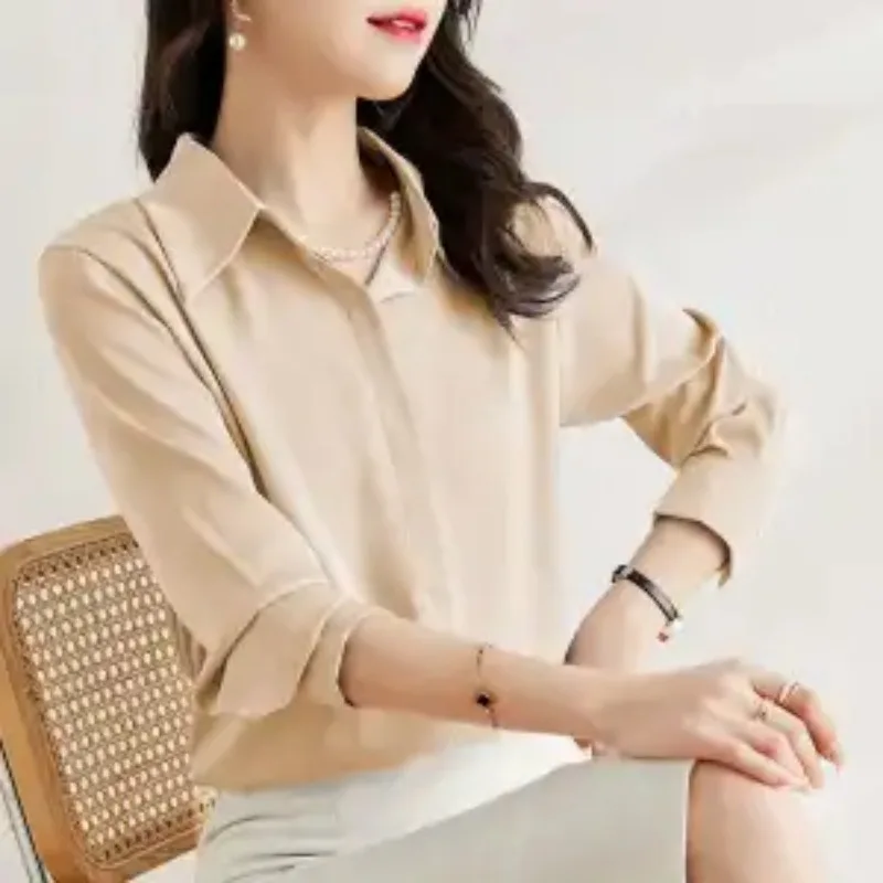 

Women's Loose Fit Beige Long Sleeve Shirt Satin Casual Lapel Blouse with Rolled Cuffs