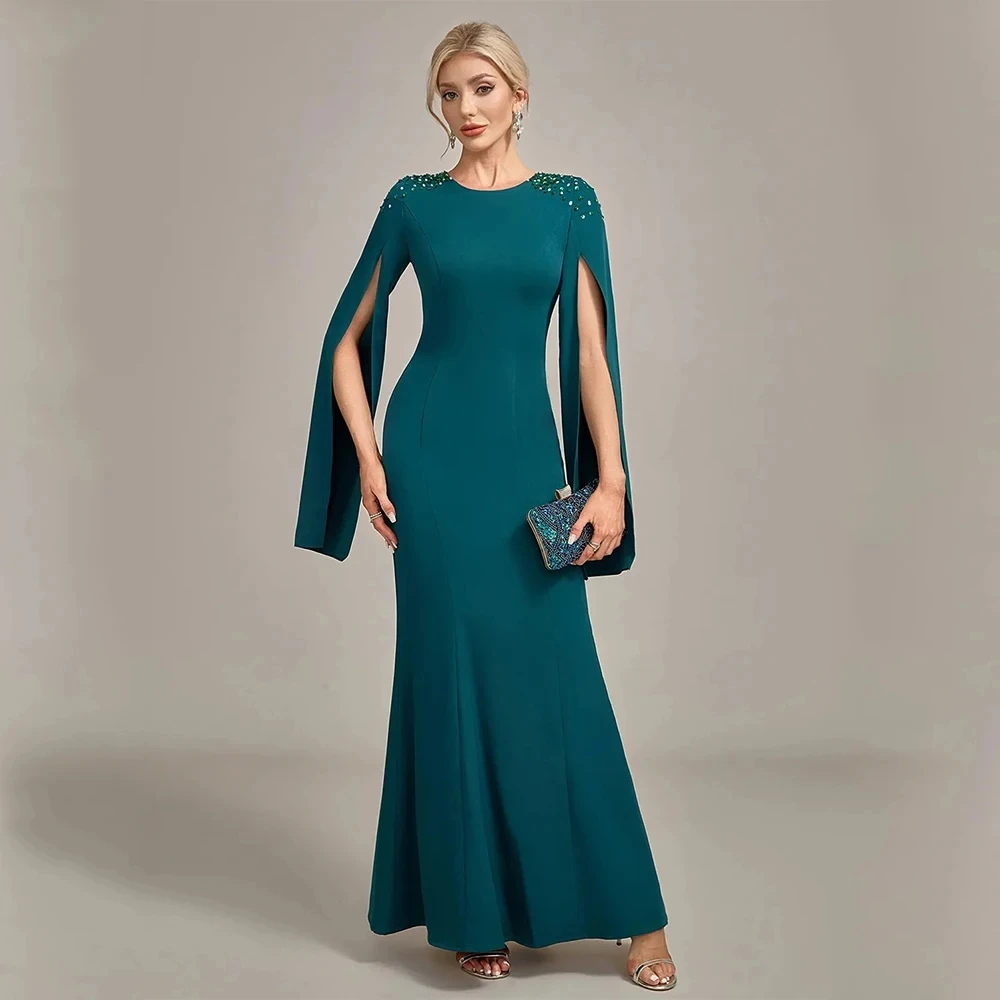 

Lady Mermaid Mother of The Bride Dress Round Neck Long Sleeve Beading Sequined Satin Guest Wedding Party Gown Ankle Length