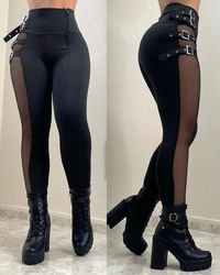 Women's Fashion Pants Mesh Patch Buckled High Waist Pants 2024 Spring Latest Casual Style Skinny Daily Versatile Fashion Pants