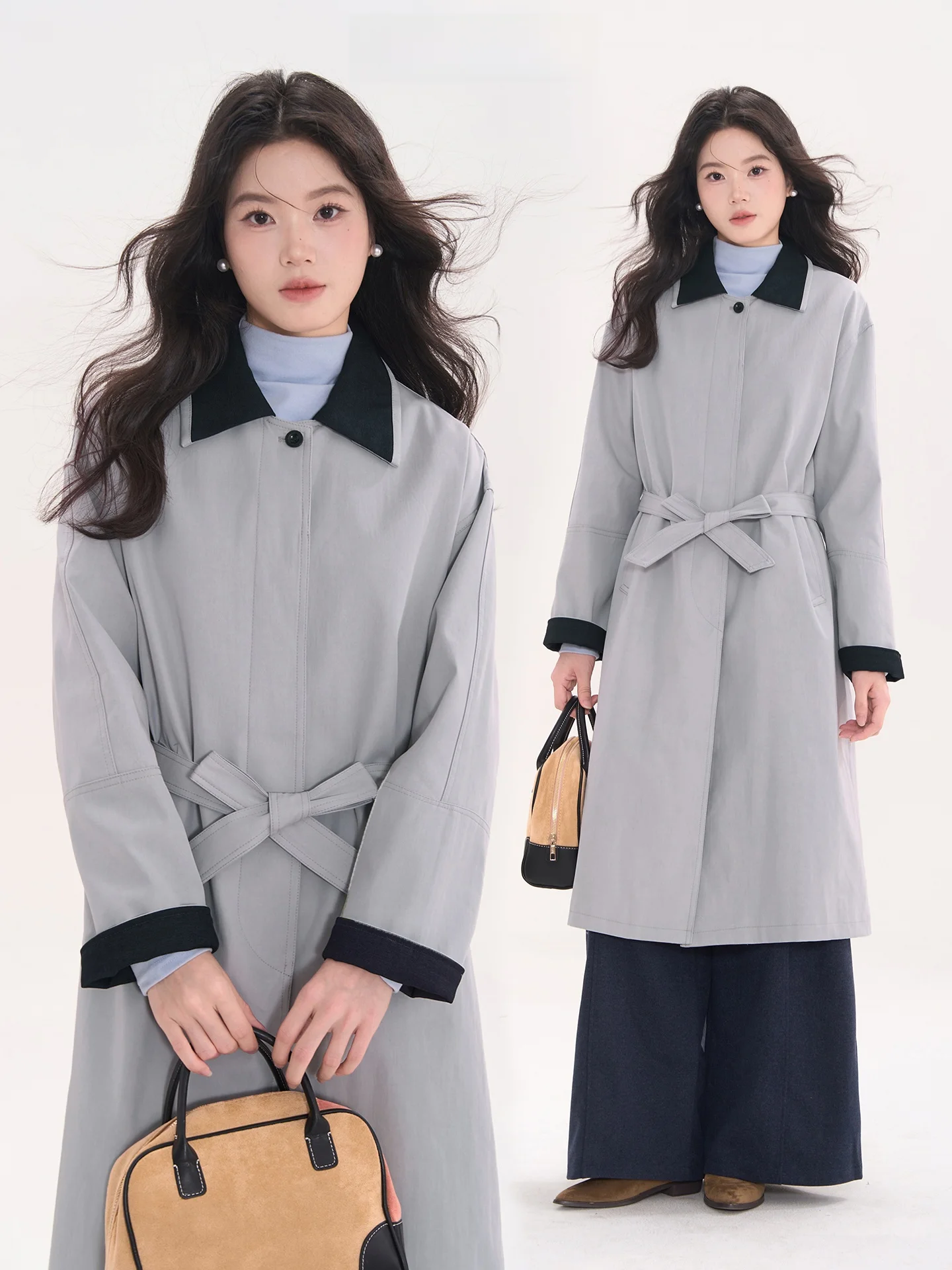 

Романтичное женское пальто средней длины с контрастным воротником, весенне-осеннее, элегантное, ветрозащитное, в корейском стиле, свободного кроя, из хлопка