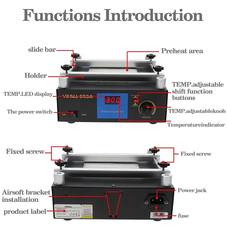 YIHUA 853A SMD بغا محطة لحام إعادة العمل التسخين المسبق ديسولديرينغ أدوات لحام PCB حامل إعادة العمل محطة لحام الحرارة السفلية
