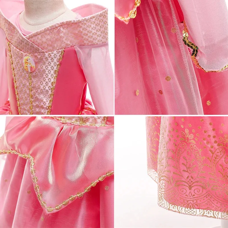 جديد بنات الأميرة أورورا فستان هالوين حفلة تنكرية النوم الجمال دور اللعب زي حفل زفاف طفل فساتين مكشكشة الوردي