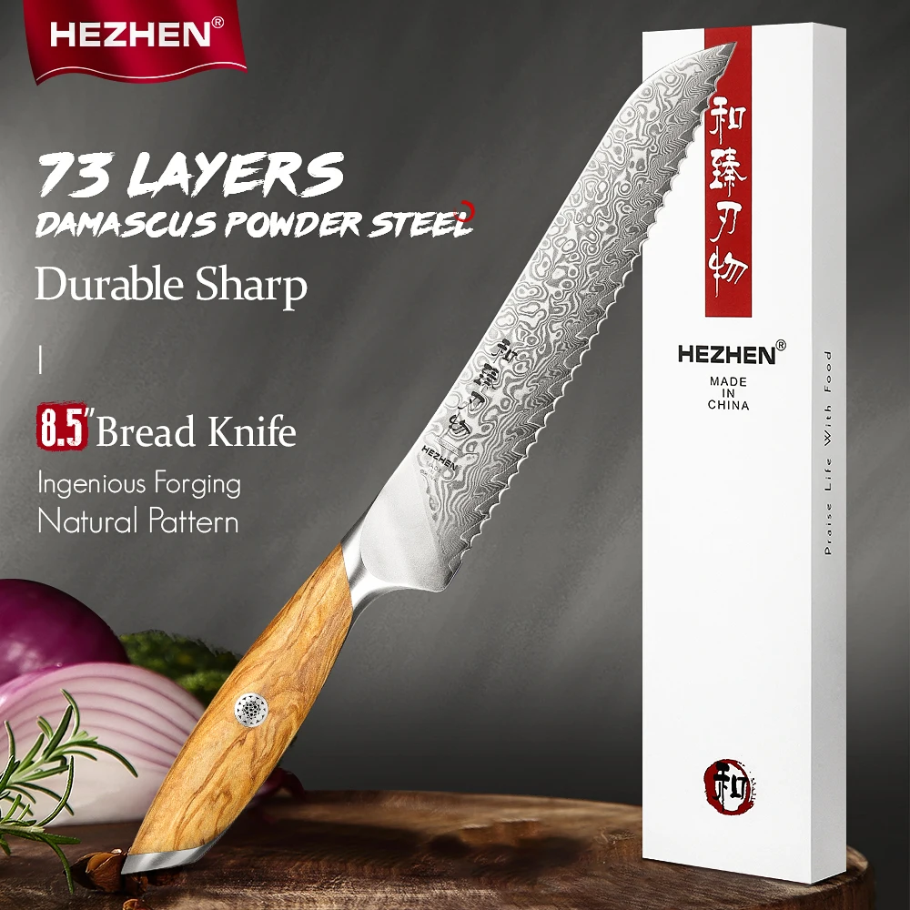 HEZHEN 8.5 inch Bread Knife Olive Wood Handle 73 Layer Damascus Steel Powdered Steel Core Cake Knife Watermelon Knife