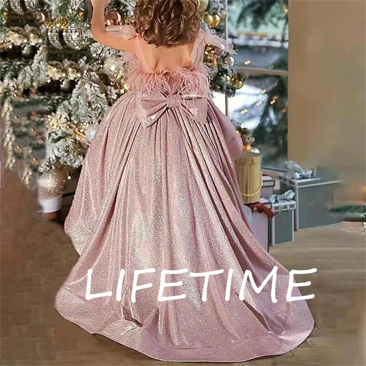 

2023 Pink Sweet Feathers Flower Girl Dresses Sleeveless A-Line Bow Backless Ball Gown Kids Birthday First Communion Party Dress