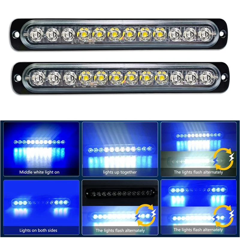 12LED Safety Emergency Flashing Lights 12V-24V Strobe Warning Light, Breakdown Beacon LED Light Bar Blue+White