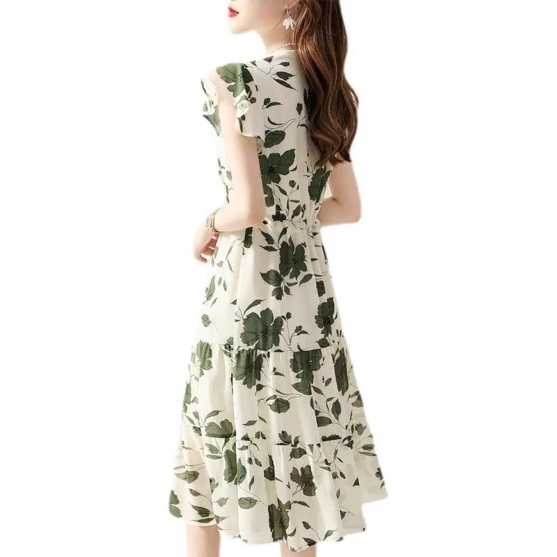 Women Dress 2024 New Chiffon Silk Acetate Original Single Ladies Summer Fashionable High-end Printing Medium Long A-line Skirt