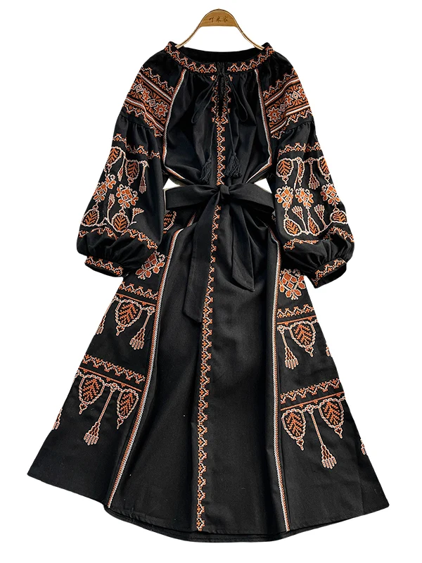 Lantern Sleeves Loose Lace-up Waist Women Long Dress Embroidery Black Bohemian Ethnic Seaside Vacation Beach Boho
