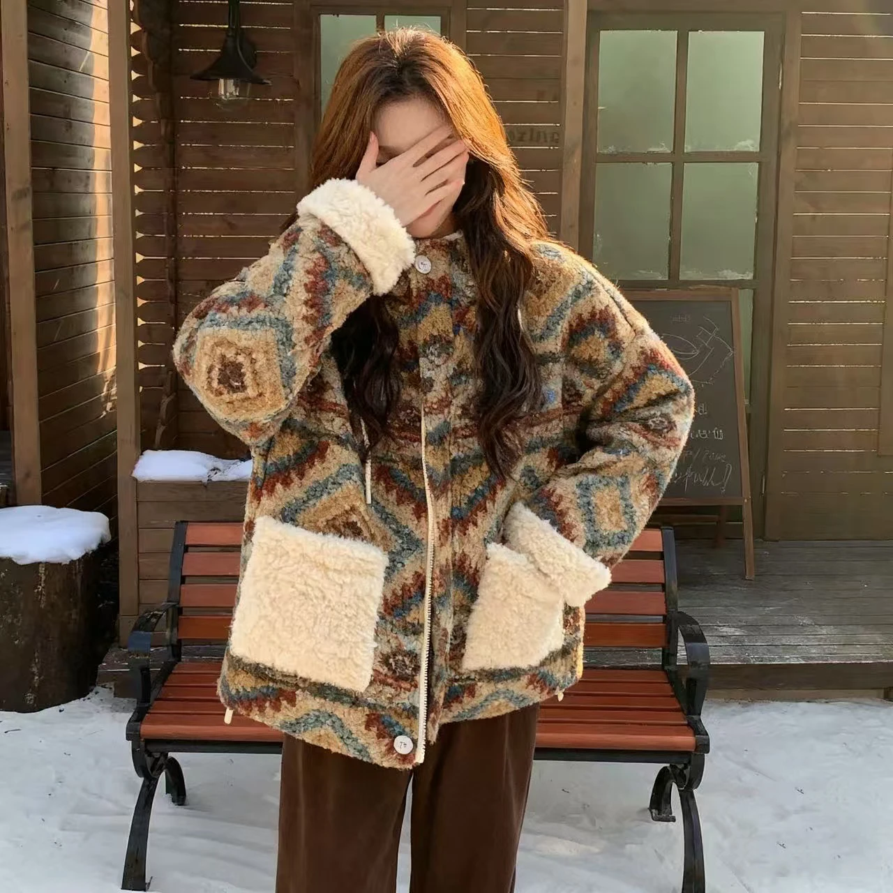 

Women's ort Lamb Fur Jaet Thiened Winter Coat Geometric Design Double-Sided Wear Commute Sle Stand Fit Zipper Closure