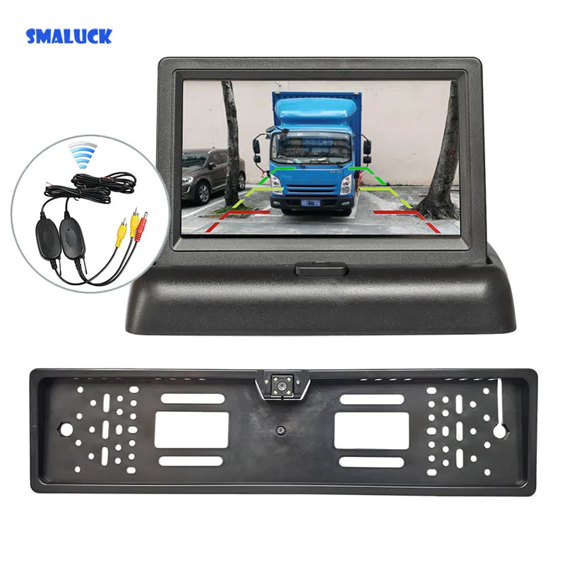 

SMALUCK Wireless Foldable 4.3inch LCD Display Car Monitor Waterproof European Car License Plate Frame Rear View Backup Camera