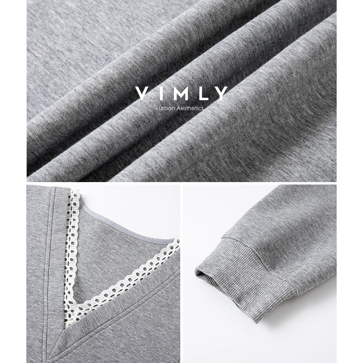 VIMLY Woman Sweatshirts Grey Lace Spliced V-neck Autumn 2025 Casual Long Sleeve Loose Tops Sporty Knitted Sweater Female A2078