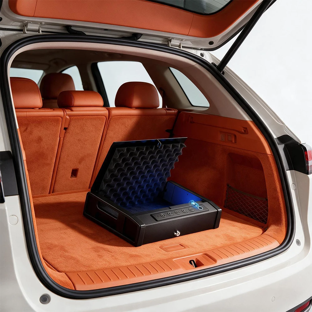 Organizzatore bagagliaio auto, cassaforte biometrica per pistole, impronta digitale/PIN/chiave, cavo acciaio sicurezza, grande capacità, scatola immagazzinaggio contanti oggetti valore, accessori auto
