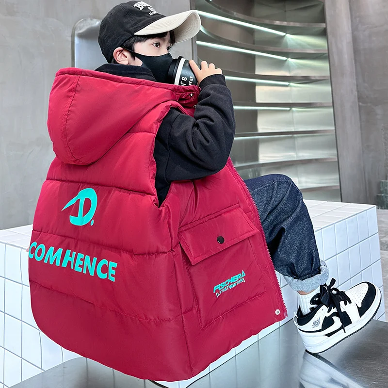 남아용 겨울 후드 면 따뜻한 조끼 재킷, 2024 10 대 야외복, 캐주얼 스포츠, 크리스마스 선물