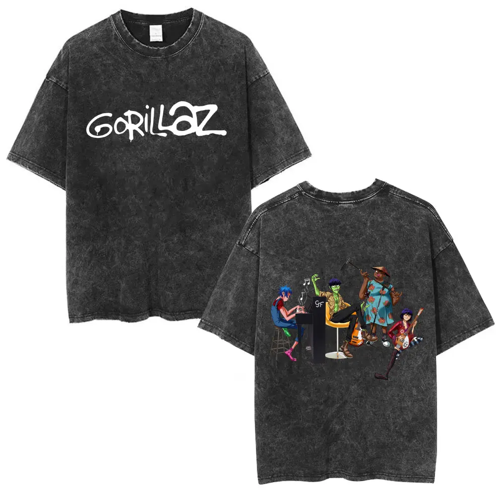 Washed Vintage Rock Band Gorillaz The Now Now Album Graphic T-shirts Men Women Clothing Hip Hop Punk Oversized Crewneck T Shirts