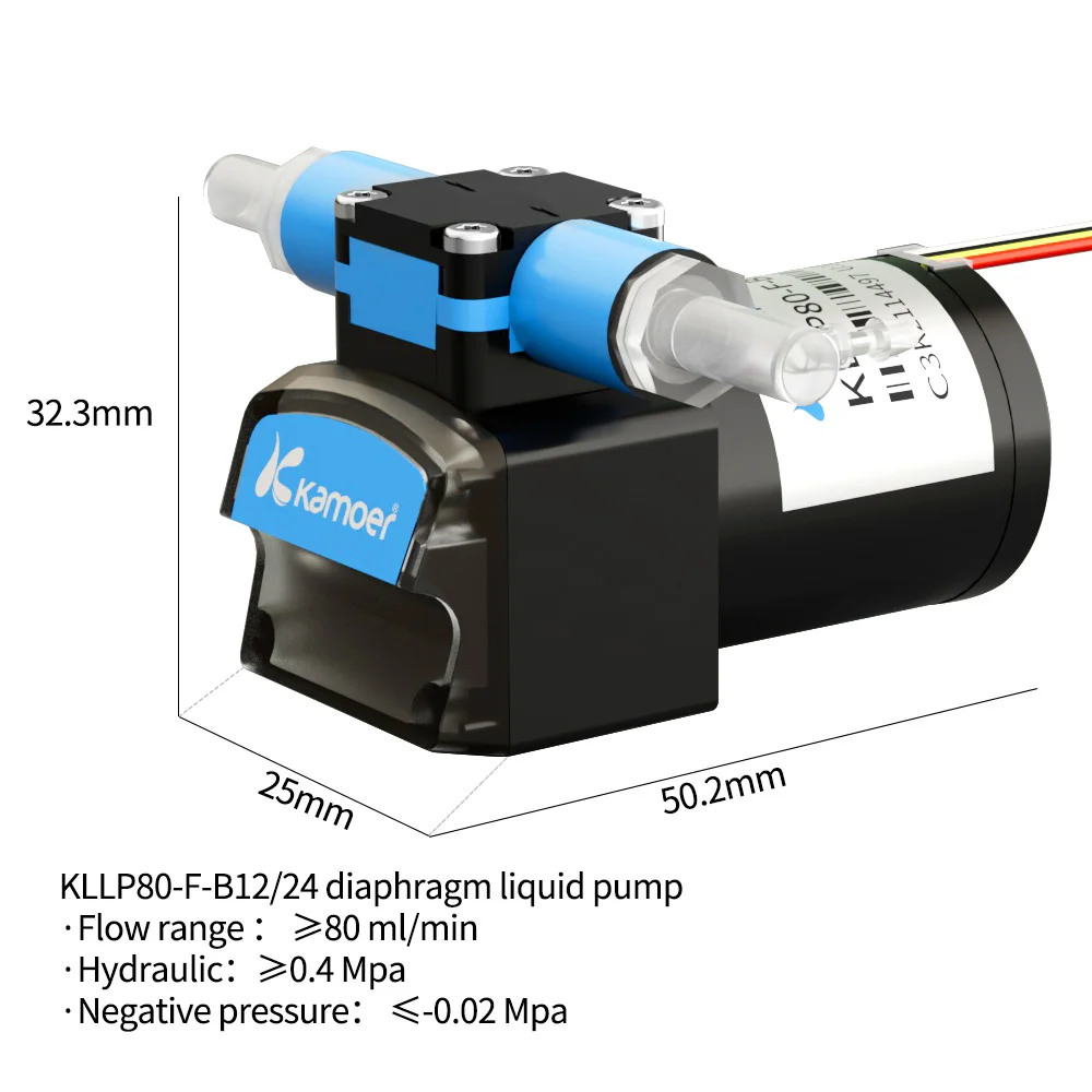 Bomba líquida de diafragma de baixo fluxo Kamoer, Motor sem escova DC, 6000H Sucção Lift, 5m com diafragma FFKM, 80ml por min, KLLP80, 12V, 24V