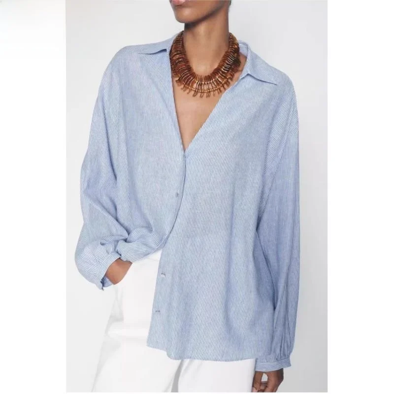 Primavera Autunno 2024 Miscela di lino da donna a righe lunghe Sve Colletto rovesciato irt Vestibilità ampia V-ne Lunghezza regolare Sve