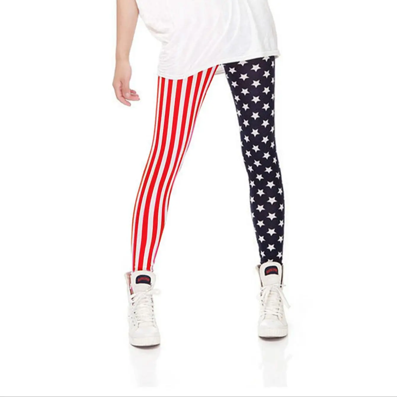 Hot New Spring Nine-point Pants Star Stripes Patchwork Printed Small Foot Pants Two-color Patchwork Skinny Leggings Woman