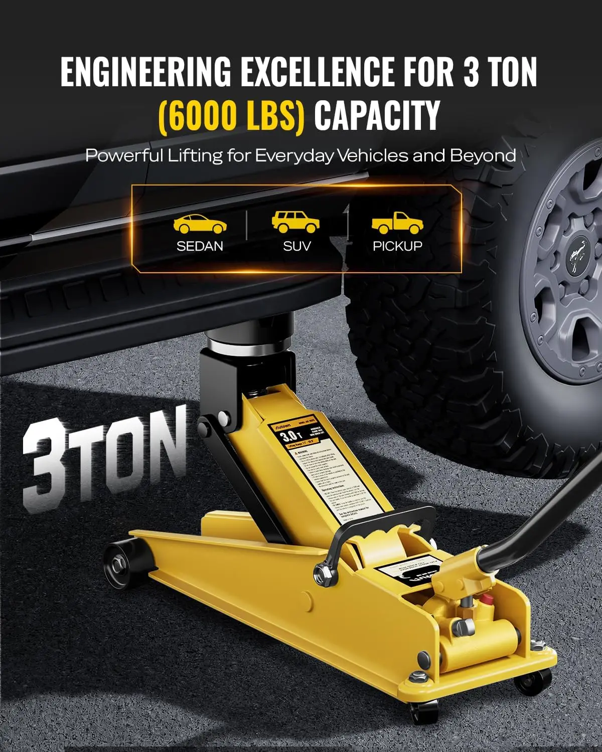 3 Ton (6600 lbs) Floor Jack, Heavy Duty Steel Hydraulic Jack for Car, Low Profile Floor Jack with Rubber Pad, Quick Lift Car Jac