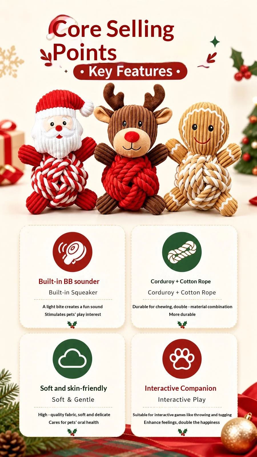Weihnachtliches Welpen-Kauspielzeug, Baumwollseilball, Plüsch-Quietschspielzeug für Hunde, zur Linderung von Zahnfleischschmerzen und zur Bekämpfung von Langeweile, langlebiges Haustiergeschenk, Hundespielzeug – Detail 7