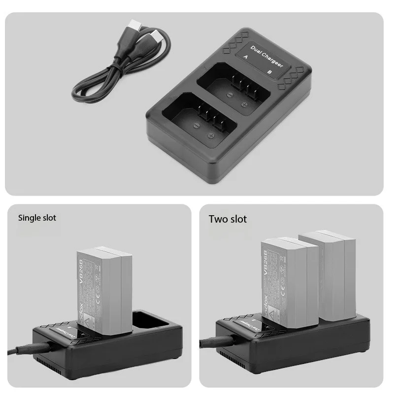 Godox VC26 Dual USB c Charger for Godox V1pro/860III V850II V860II Speedlite Flash Battery Fast Charger two Slots