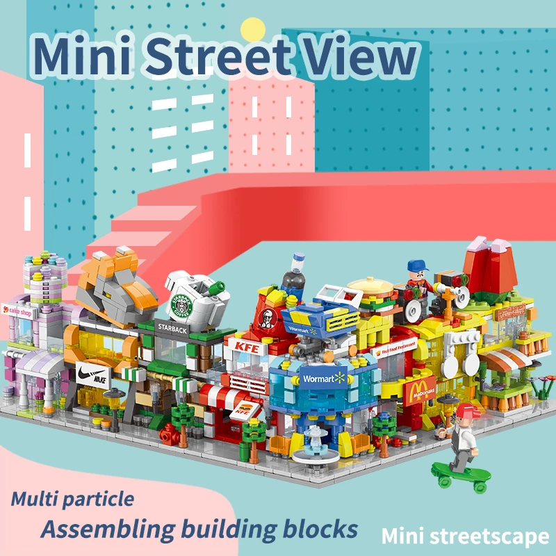 Mini City Street View Building Blocks Set Architecture House Hamburger Coffee Shoe Store Cake Flower Shop,Girls Toy Set