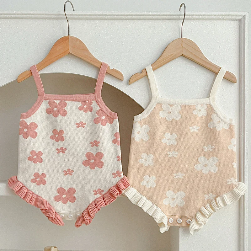 

2024 New Autumn Baby Girl Clothing Toddler Baby Girl Knitting Romper Sleeveless Knitted Floral Print Infant Baby Girls Jumpsuit