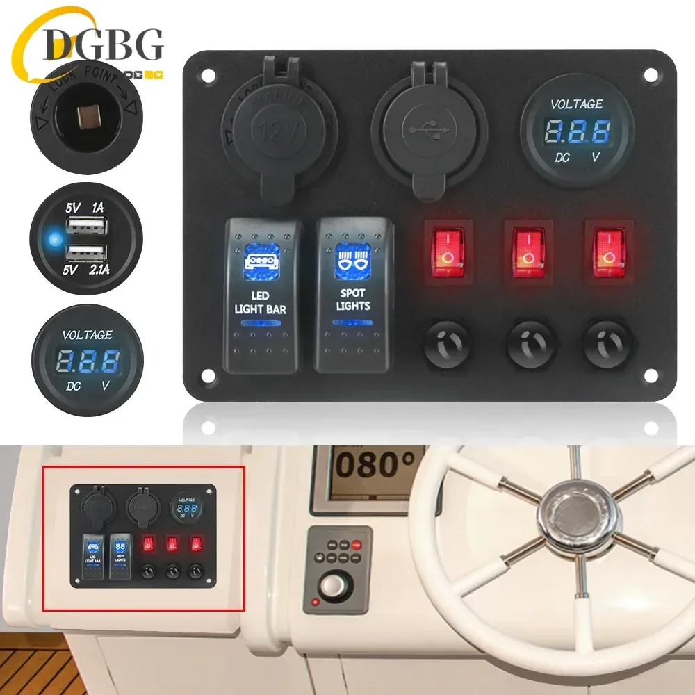 

Car Marine RV Circuit LED Breaker With Overload Protector Dual USB Ports Digital Voltmeter 2+3 Gang Rocker Switch Panel