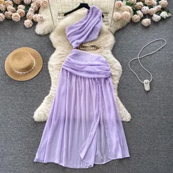 Elegant Off Shouler High Waist Hollow Out Bareback Diagonal Collar Dress A-line Summer Vacation Vestidos Women Ceremonial Dress