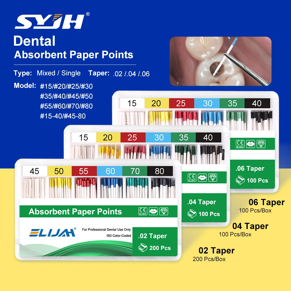 

SYJH Стоматологические 02/04/06 впитывающие бумажные точки, стерильные смешанные размеры, эндодонтия, кончики из хлопкового волокна, стоматологические материалы
